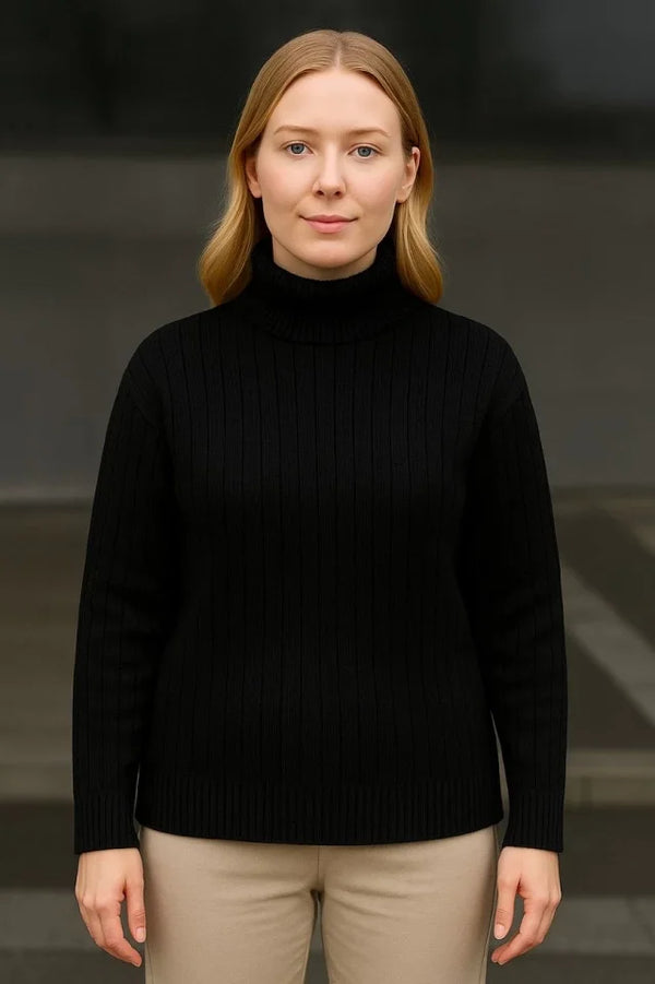 Balıkcı Yaka Bağazlı Triko Kazak Pamuklu Kalın Fitilli Dokuma - Siyah