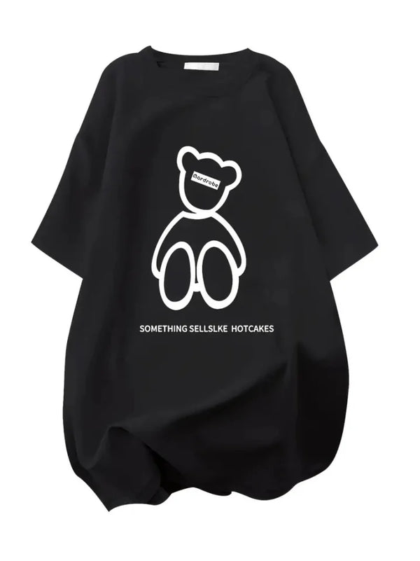 Baskılı Oversize Bisiklet Yaka T-shirt - Siyah