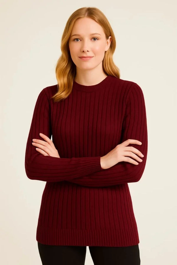 Bisiklet Yuvarlak Yaka Triko Kazak Pamuklu Kalın Fitilli Dokuma, Regular Fit Uzun Kollu Kışlık Model - Bordo