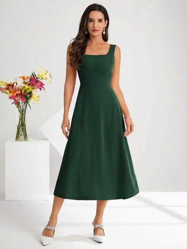 Kadın Askılı Kare Yakalı Midi Ithal Krep Elbise