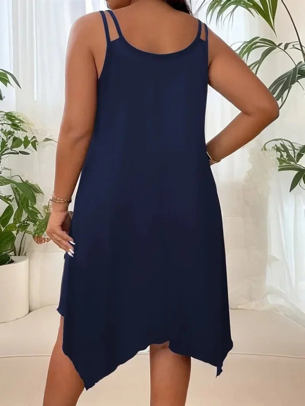 Kadın Askılı Yuvarlak Asimetrik Kesim Detaylı Viskon Elbise