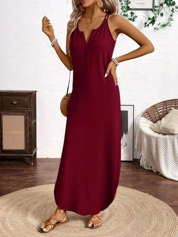 Kadın Askılı Yuvarlak Yaka Asimetrik Detaylı Viskon Elbise