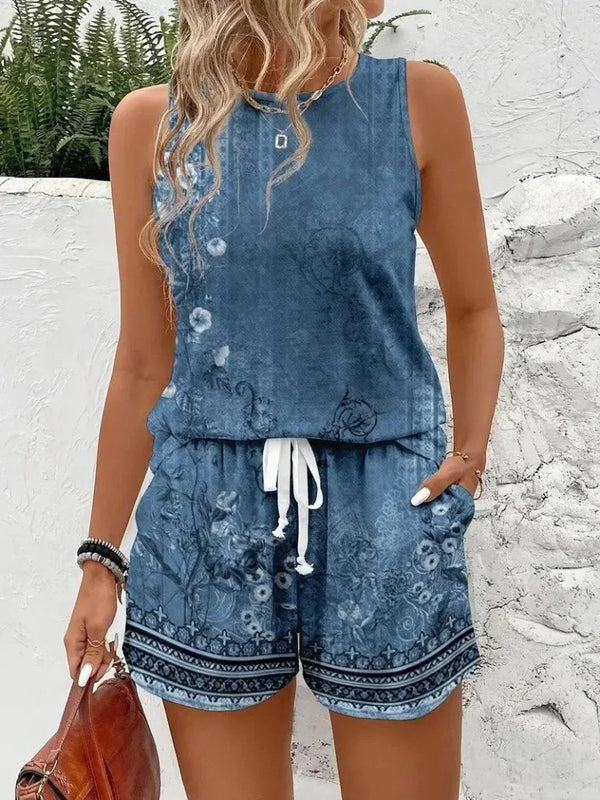 Kadın Askılı Yuvarlak Yaka çiçek Baskılı Süprme Bluz Ve Short Ikili Takım