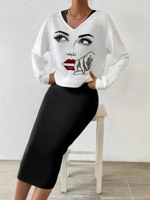 Kadın Askılı Yuvarlak Yaka Viskon Iki Iplik Elbise Ve V Yakalı Bluz Ikili Takım