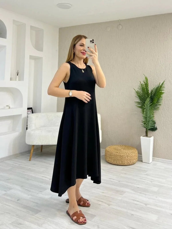 Kadın Askılı Yuvarlak Yakalı Asimetrik Kesim Detaylı Viskon Elbise