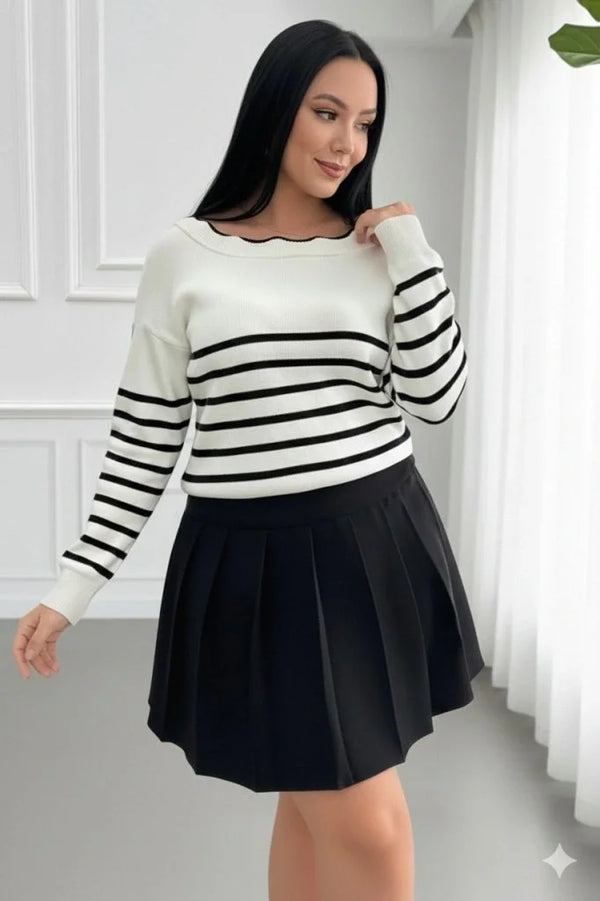 Kadın Beyaz Sırt Bağlama Detaylı çizgi Desen Triko Bluz