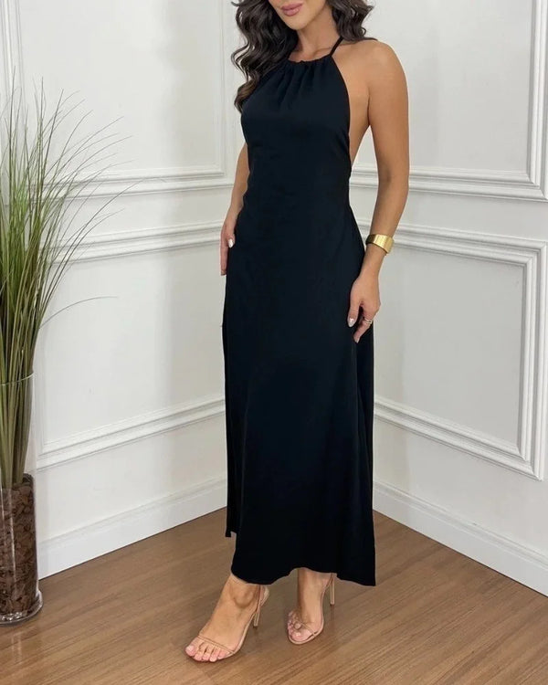 Kadın Boyundan Askılı Halter Kollu Viskon Elbise