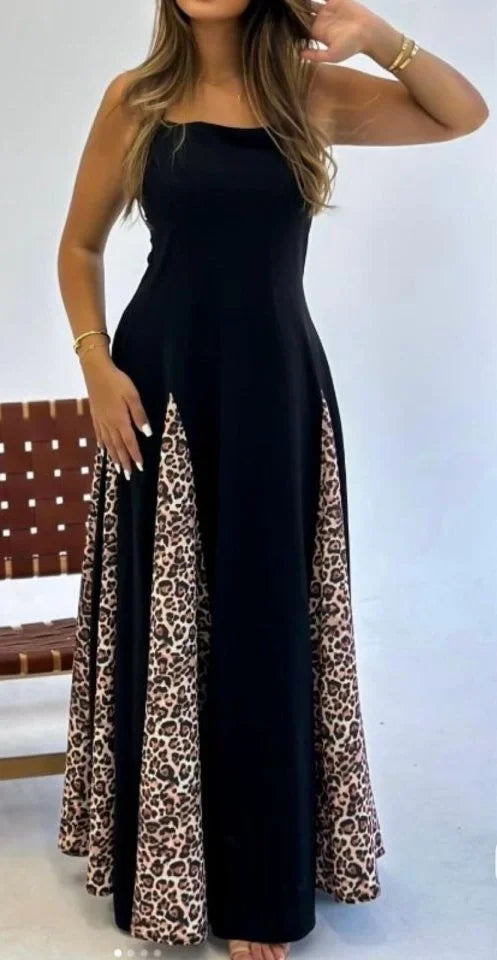 Kadın Dalgıç Kumaş Leopar Desenli Kloş Elbise