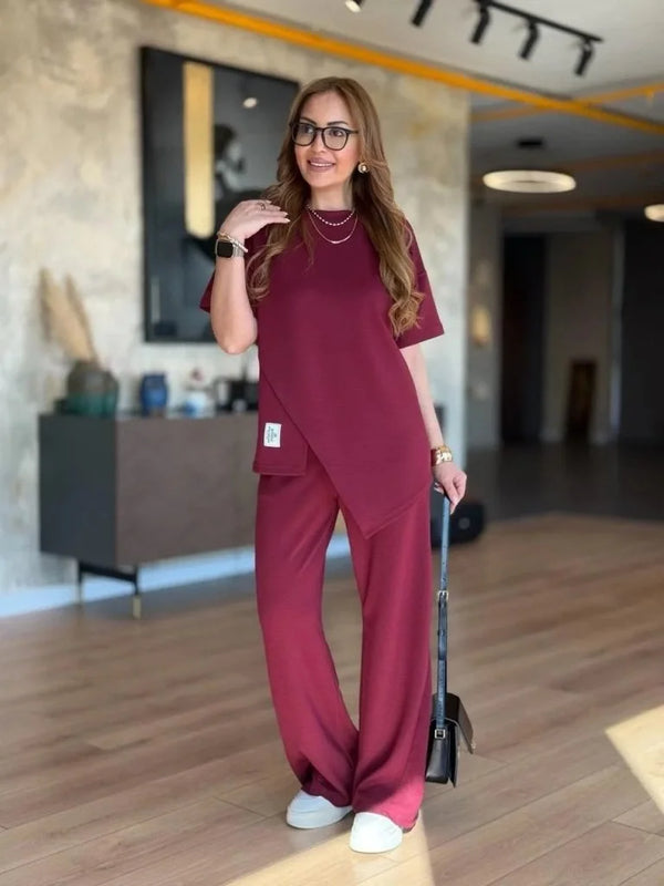 Kadın Kısa Kollu Bisiklet Yaka Asimetrik Viskon Iki Iplik Bluz Ve Pantolon Ikili Takım