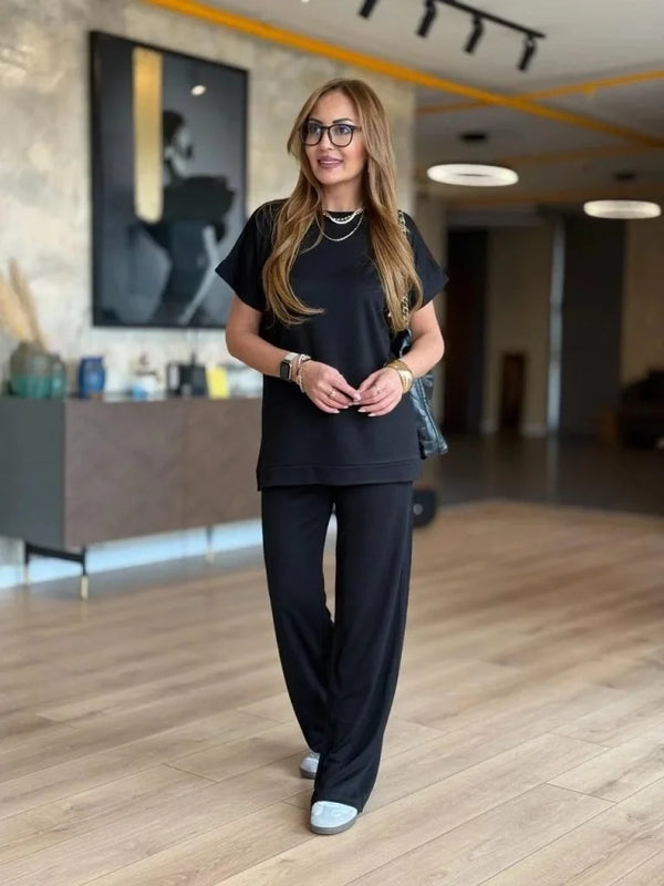 Kadın Kısa Kollu Bisiklet Yaka Viskon Iki Iplik Bluz Ve Pantolon Ikili Takım