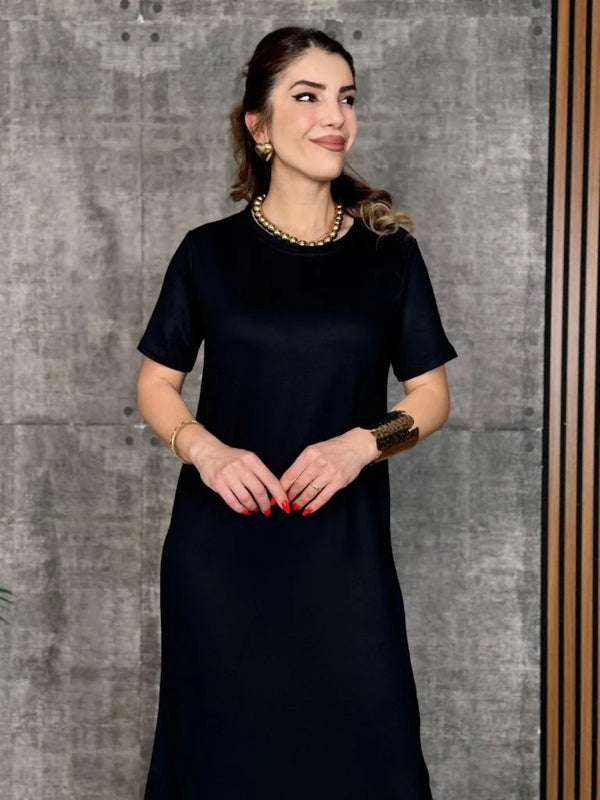 Kadın Kısa Kollu Bisiklet Yaka Yırtmaçlı Viskon Iki Iplik Elbise