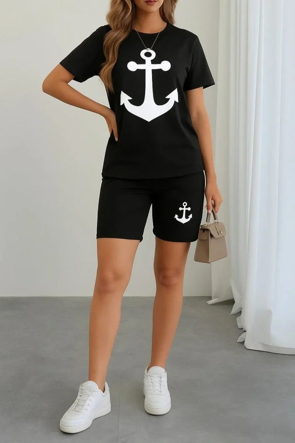 Kadın Kısa Kollu çapa Baskılı Viskon Ikili Takım