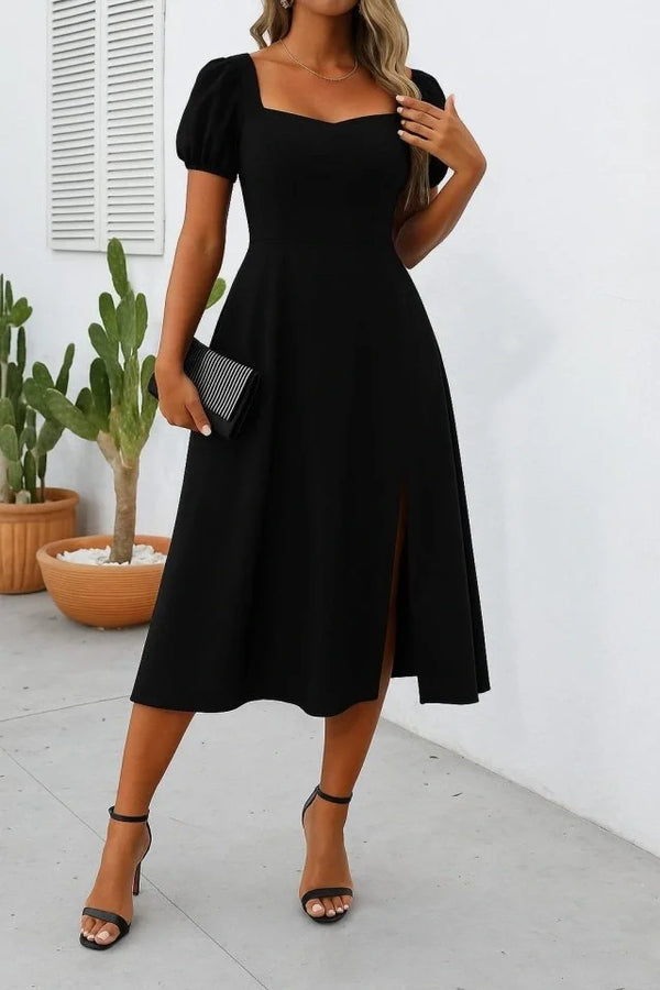 Kadın Kısa Kollu Kare Yakalı Yırtmaçlı Midi Janjan Krep Elbise