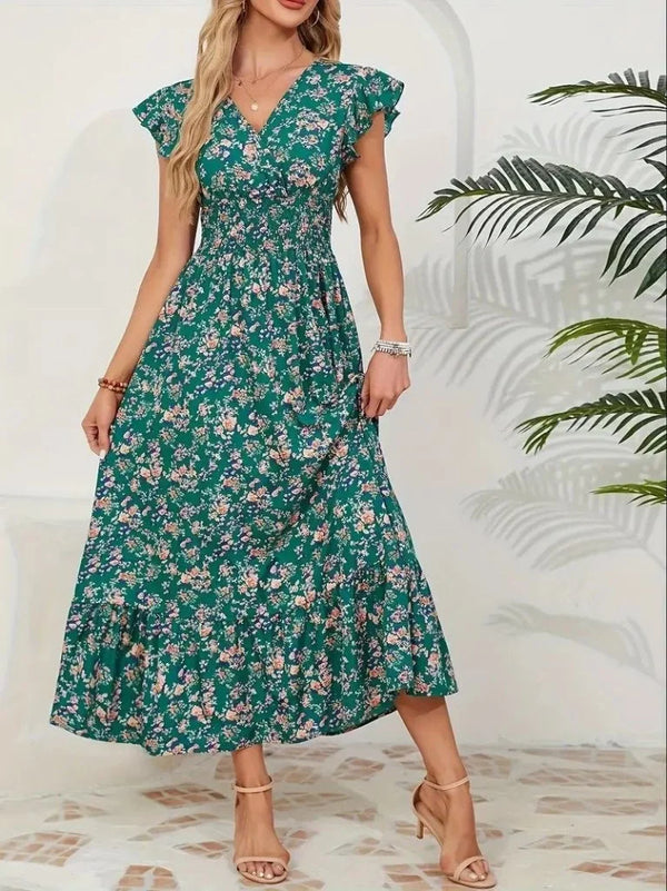 Kadın Kısa Kollu Kruvaze Yaka Beli Lastikli çiçek Desenli Elbise