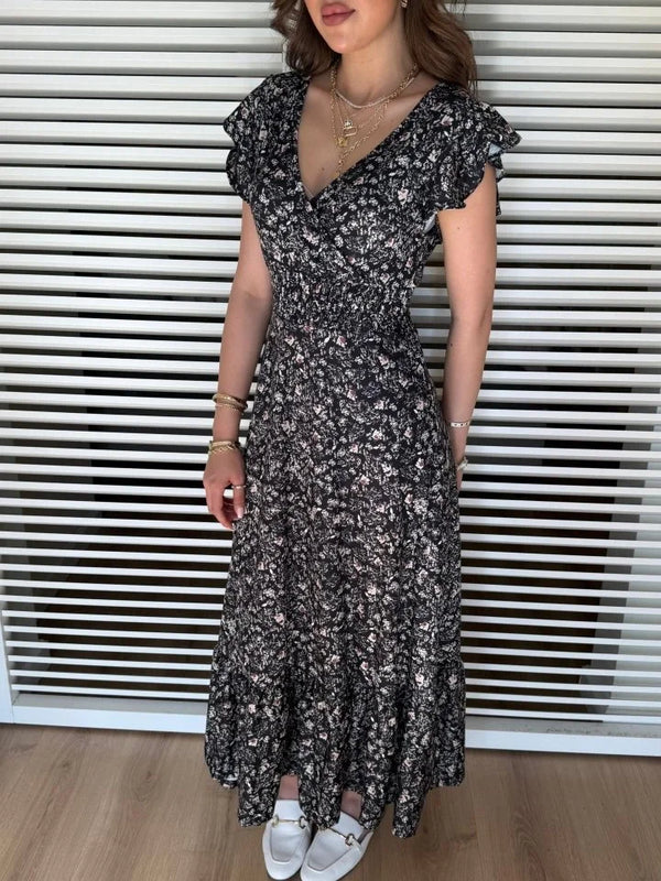 Kadın Kısa Kollu Kruvaze Yaka Beli Lastikli çiçek Desenli Elbise