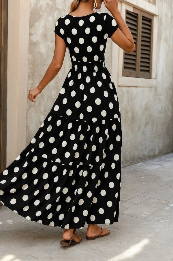 Kadın Kısa Kollu Kruvaze Yaka Beli Lastikli Süprem Maksi Boy Elbise