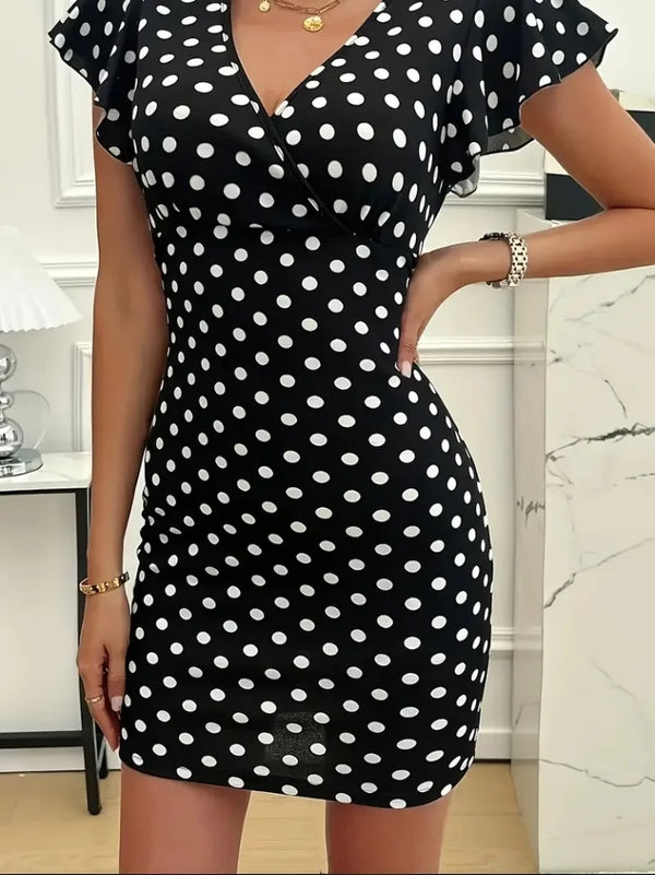 Kadın Kısa Kollu Kruvaze Yakalı örme Puantiyeli Krep Elbise