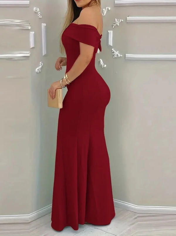 Kadın Kısa Kollu Madonna Yaka Belden Oturtmalı Uzun Ithal Krep Elbise