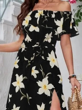 Kadın Kısa Kollu Madonna Yaka Fırfırlı Belden Yırtmaçlı Maksi örme Krep Elbise