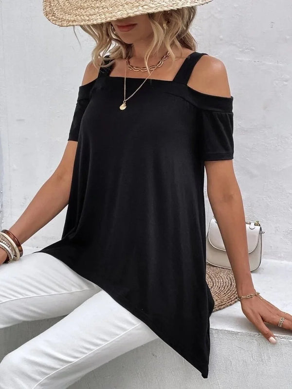 Kadın Kısa Kollu Omuzlardan Açık Askılı Asimetrik Kesim Viskon Bluz