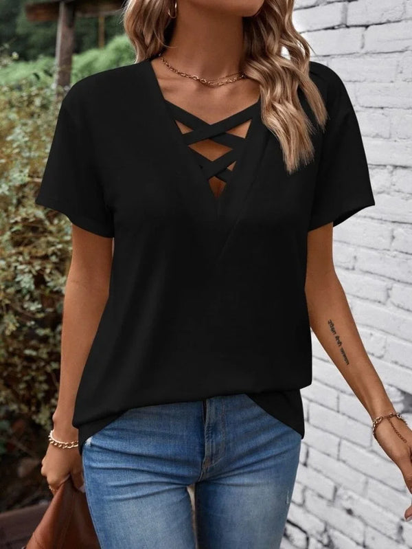 Kadın Kısa Kollu önden çapraz Detay V Yakalı Viskon Bluz