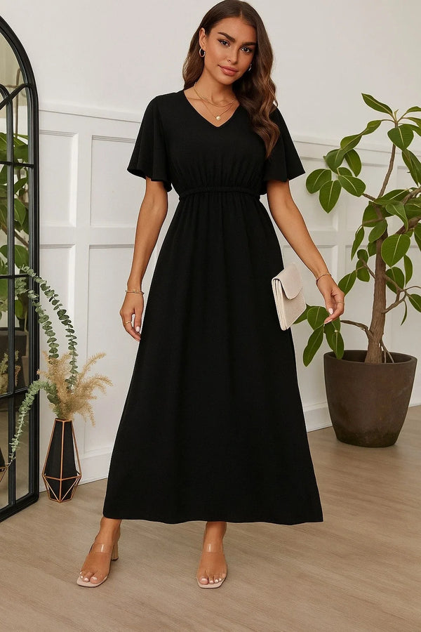Kadın Kısa Kollu V Yakalı Beli Lastikli Uzun Viskon Elbise