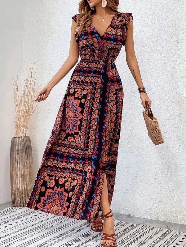 Kadın Kısa Kollu V Yakalı Deseni Yırtmaçlı Süprem Elbise