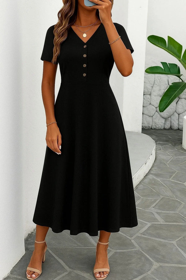 Kadın Kısa Kollu V Yakalı önden Düğmeli Yırtmaçlı Midi Viskon Elbise