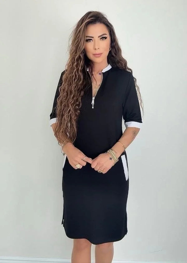 Kadın Kısa Kollu Yakadan Fermuarlı Cepli Yandan Yırtmaçlı Viskon Elbise