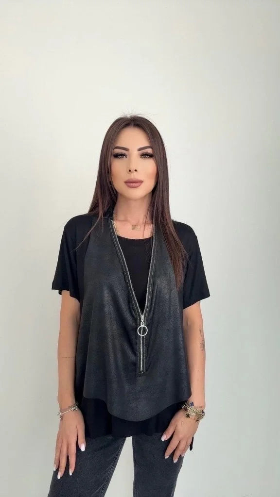 Kadın Kısa Kollu Yuvarlak Yaka Viskon Bluz + Kolsuz Fermuarlı çatlak Deri Yelek
