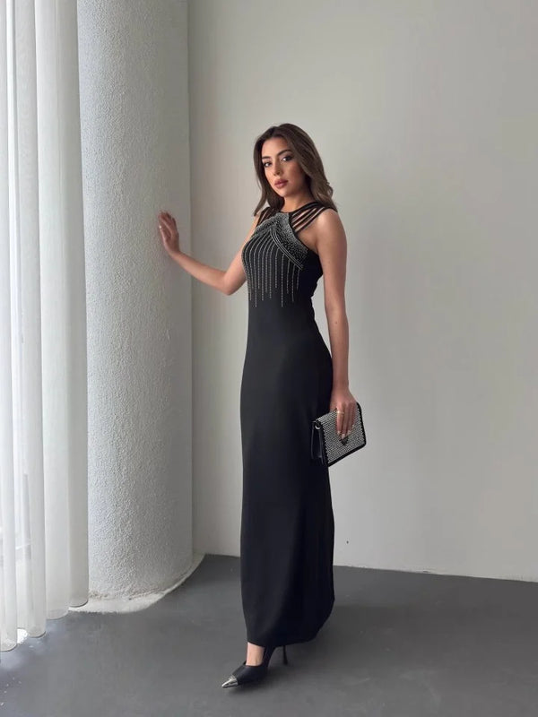 Kadın Omuz çoklu Askılı önü Taş Işlemeli Balık Kesim Janjan Krep Maxi Boy Elbise