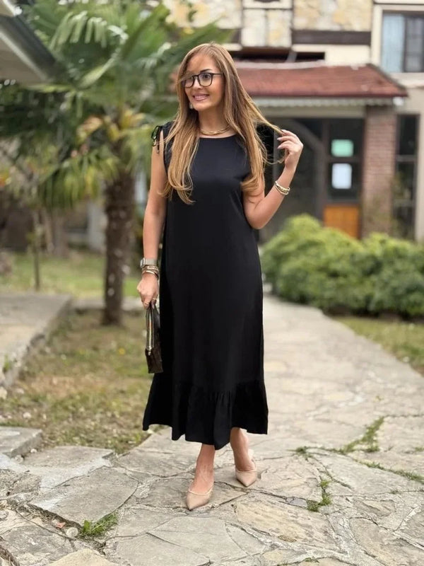 Kadın Omuzlardan Büzgülü Kayık Yaka Fırfırlı Janjan Krep Elbise