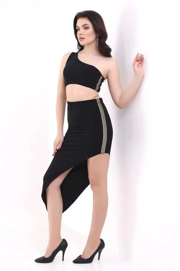 Kadın Tek Omuzlu Asimetrik Etek Şerit Detaylı Fırsat Ürün Sandy Kumaş İkili Takım