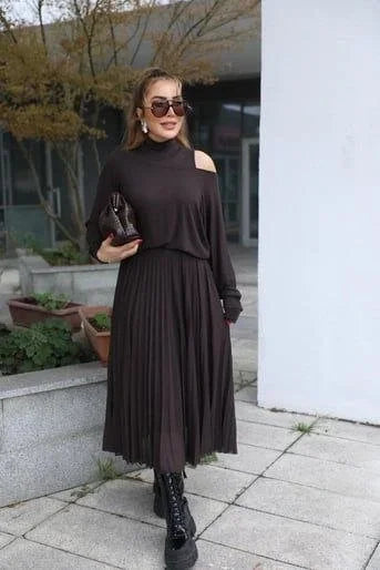 Kadın Triko Plise Ve Tül Detay Iki Parça Elbise