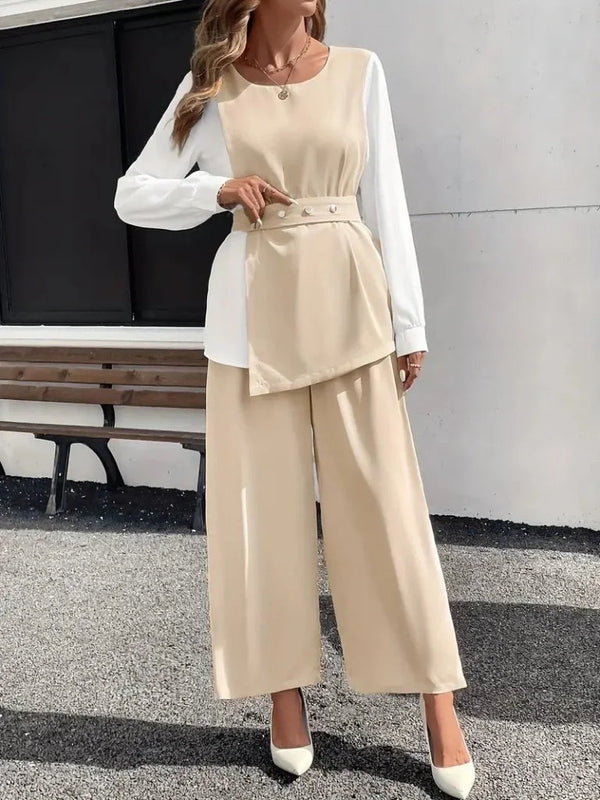 Kadın Uzun Kollu Açık Yakalı çift Renkli Kemerli Ithal Krep Ikili Takım