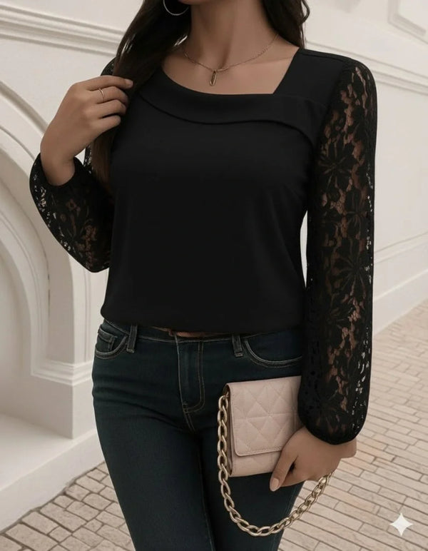 Kadın Uzun Kollu Asimetrik Yakalı Dantelli Ithal Krep Bluz