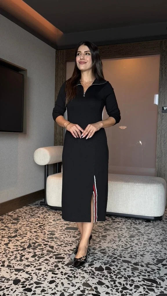 Kadın Uzun Kollu Balıkçı Yaka önden Fermuarlı Yırtmaçlı Midi Viskon Iki Iplik Elbise