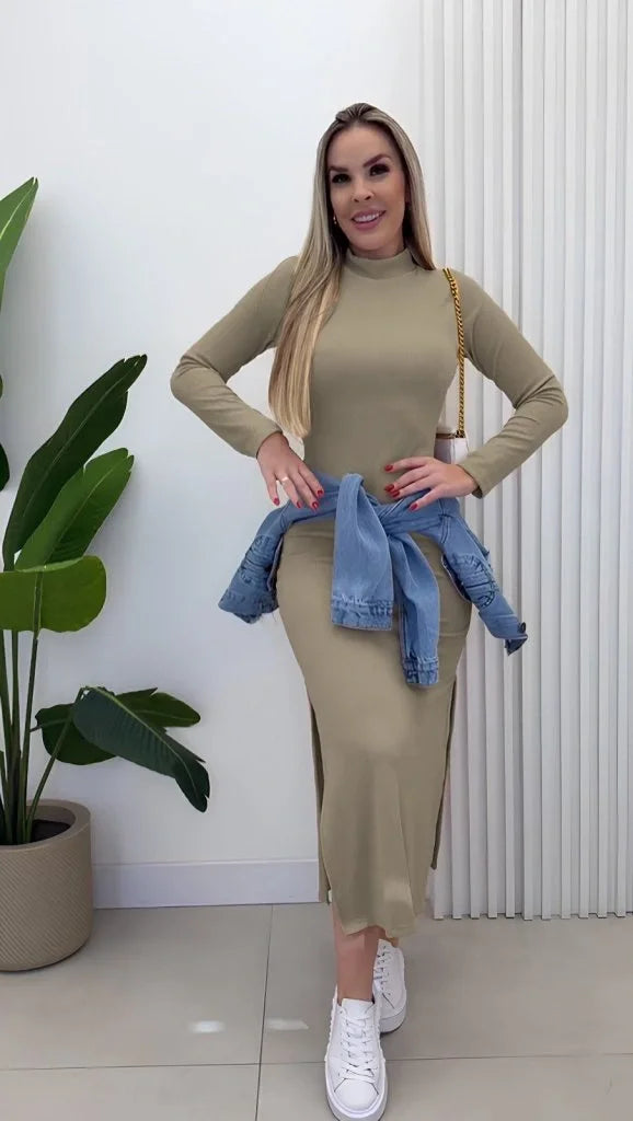 Kadın Uzun Kollu Balıkçı Yakalı Yanlardan Yırtmaçlı Kaşkorse Maxi Elbise