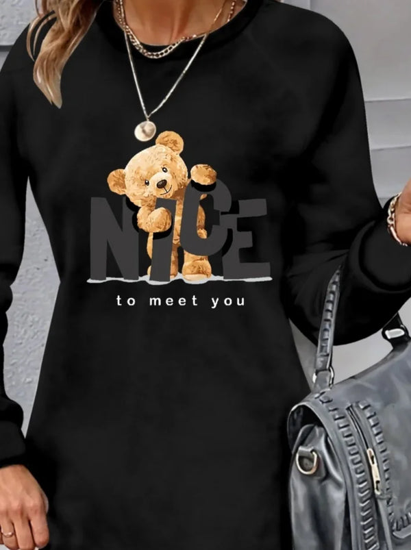 Kadın Uzun Kollu Bisiklet Yaka Ayı Desenli Viskon Iki Iplik Elbise