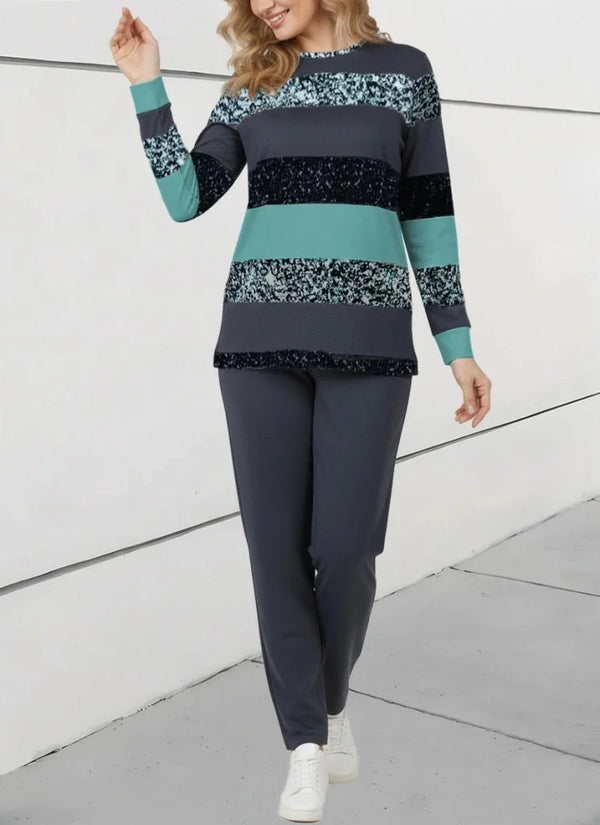 Kadın Uzun Kollu Bisiklet Yaka çizgili Desen Iki Iplik Bluz Ve Pantolon Ikili Takım