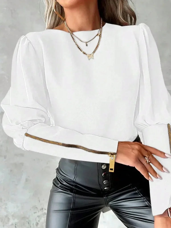 Kadın Uzun Kollu Bisiklet Yaka Fermuar Detaylı Ithal Krep Bluz