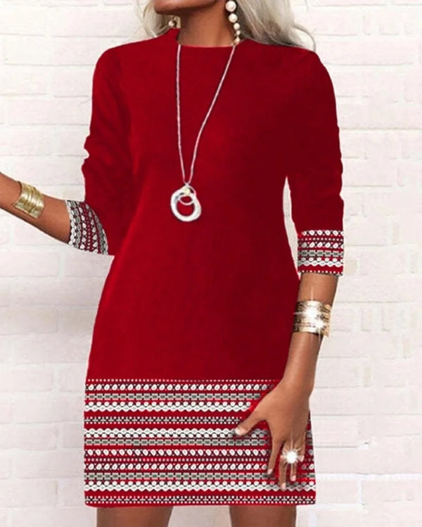 Kadın Uzun Kollu Bisiklet Yaka Kol Ağzı Ve Etek Ucu Baskılı Iki Iplik Elbise