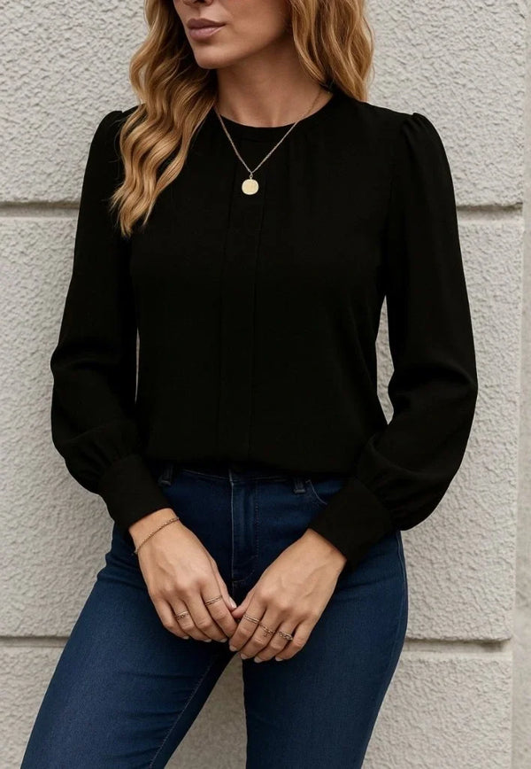 Kadın Uzun Kollu Bisiklet Yaka Pileli Ithal Krep Bluz