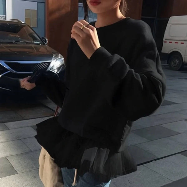 Kadın Uzun Kollu Bisiklet Yaka Tül Volan Detay üç Iplik Sweat