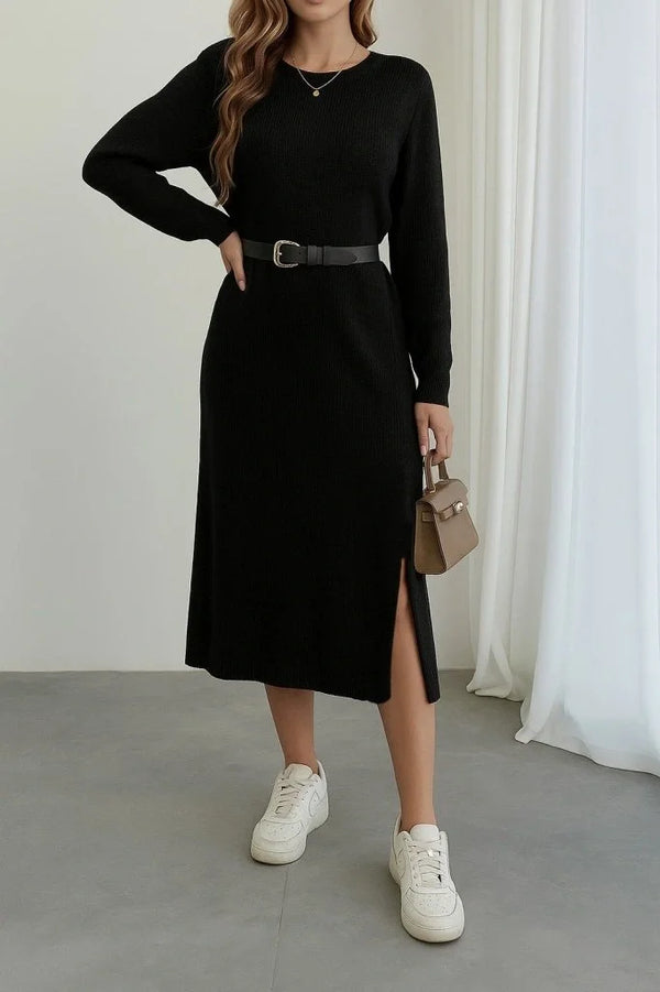 Kadın Uzun Kollu Bisiklet Yaka Yandan Yırtmaçlı Midi Triko Elbise