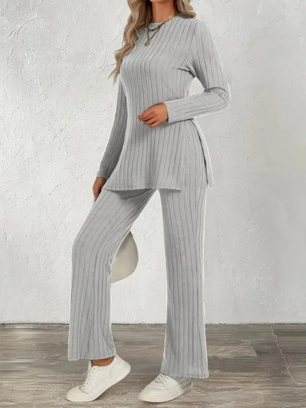 Kadın Uzun Kollu Bisiklet Yaka Yandan Yırtmaçlı şardonlu Kaşkorse Bluz Ve Pantolon Ikili Takım