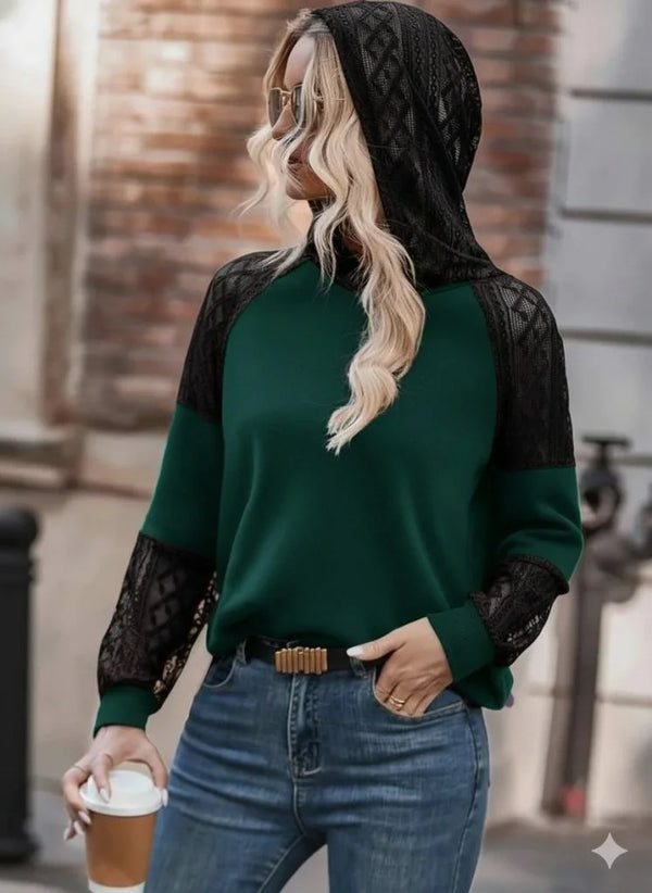 Kadın Uzun Kollu Dantelli Kapşonlu Viskon Iki Iplik Bluz