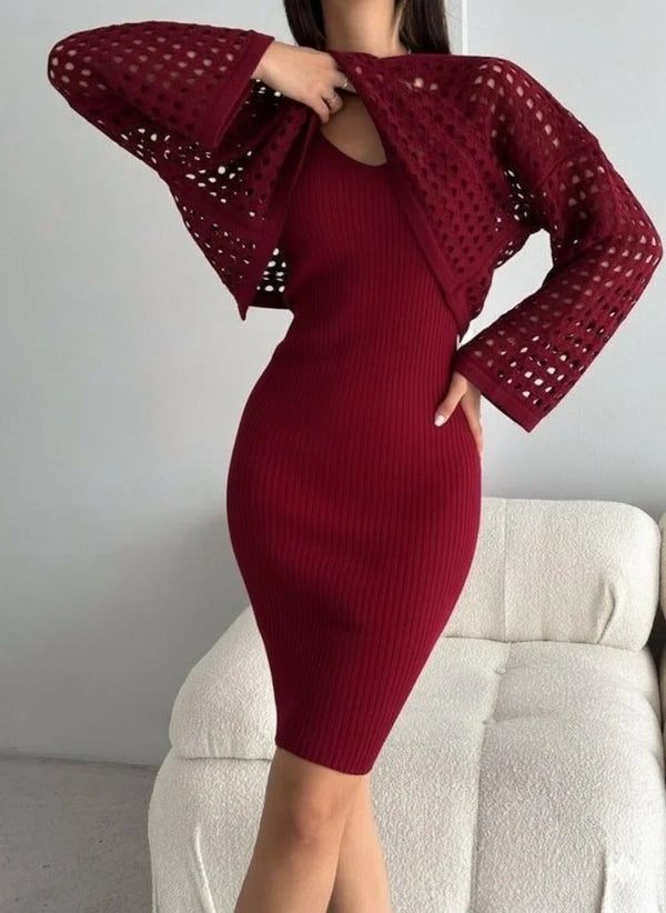 Kadın Uzun Kollu Delikli Kazak Askılı Elbise Triko Ikili Takım