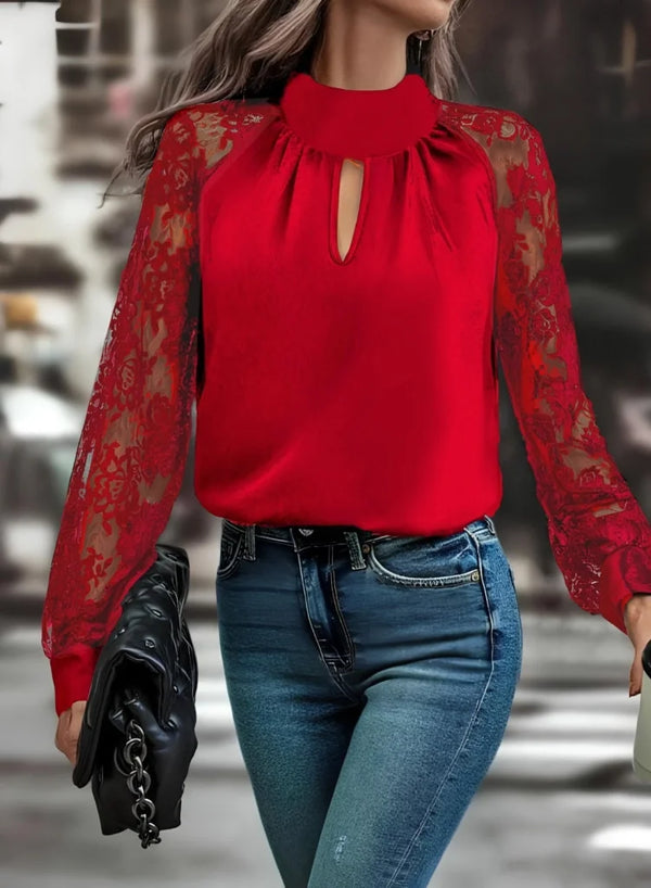 Kadın Uzun Kollu Göğüs Pencere Detay Yaka Boğazlı Kolları Tüllü Sandy Bluz