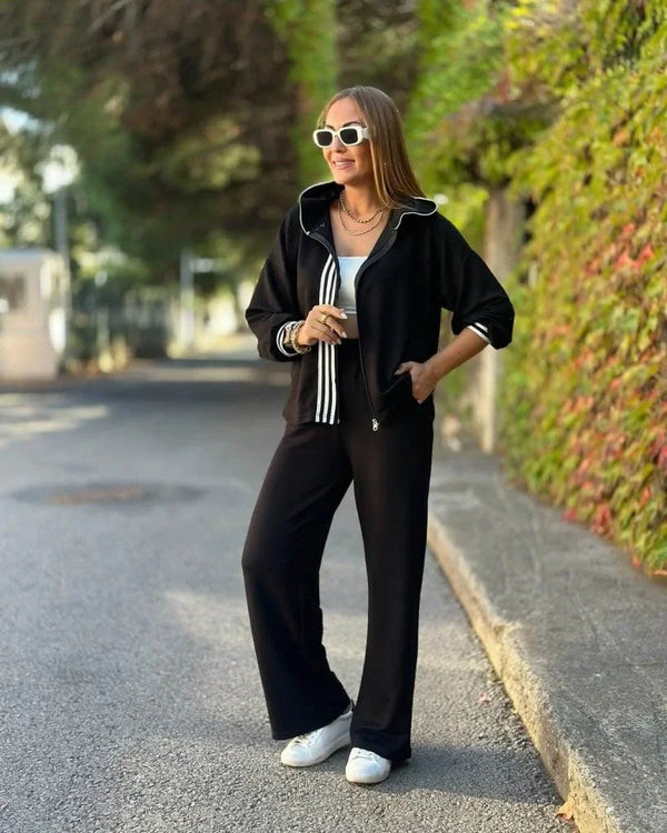 Kadın Uzun Kollu Kapşonlu Onu şerit Detaylı Fermuarlı Viskon Iki Iplik Bluz Ve Pantolon Ikili Takım